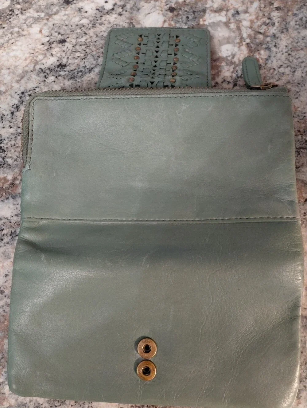 Vilenca Holland Sage Green Leather Zip Wallet with Decorative Studs